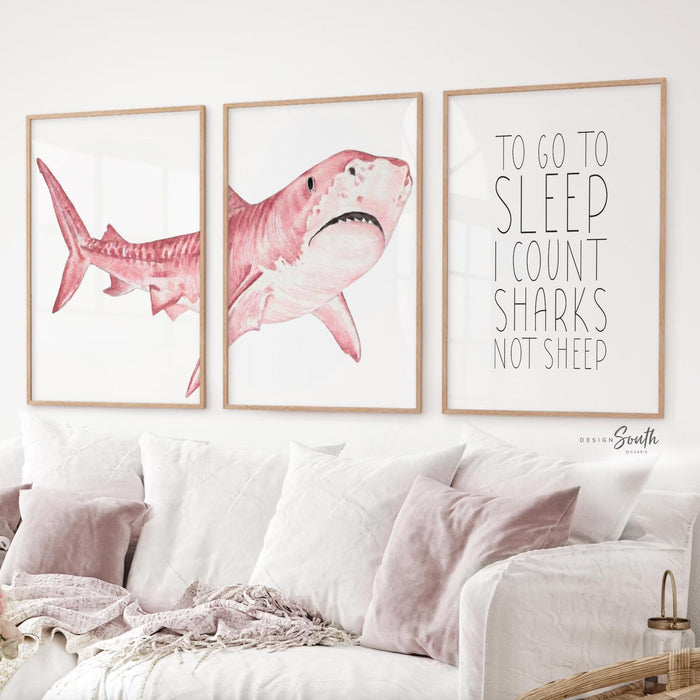 Pink Shark Wall Art Set of 3 for Girl Nursery, Watercolor Shark Prints, Toddler Bedroom Decor Gift for Shark Lover Girl