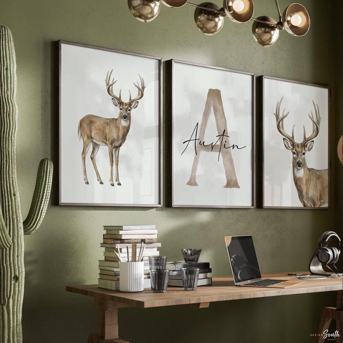Whitetail Buck Deer Wall Art Set, Personalized Name & Initial Print, Hunting Nursery Decor, Boy Hunter Bedroom Gift