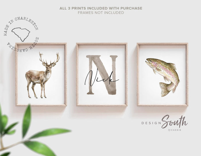 Buck Deer & Rainbow Trout Wall Art Set of 3, Personalized Name Initial Prints, Hunting Fishing Boy Nursery Decor Gift