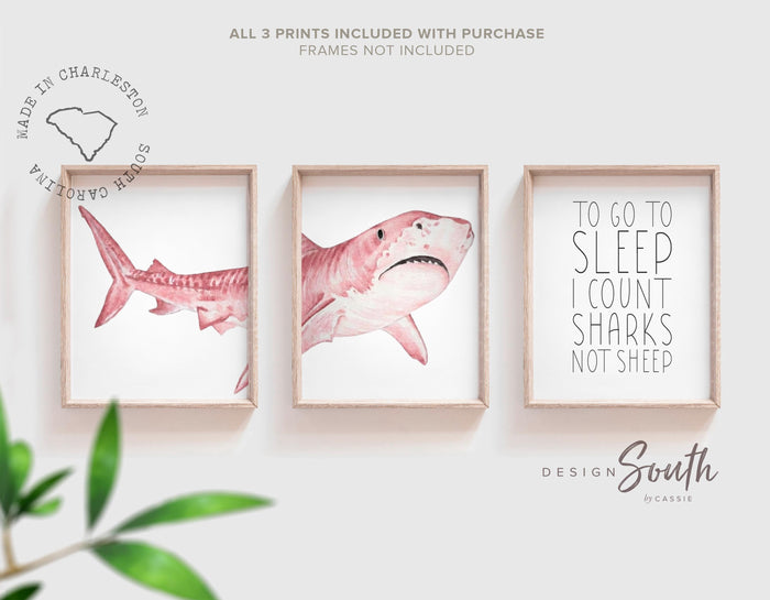 Pink Shark Wall Art Set of 3 for Girl Nursery, Watercolor Shark Prints, Toddler Bedroom Decor Gift for Shark Lover Girl