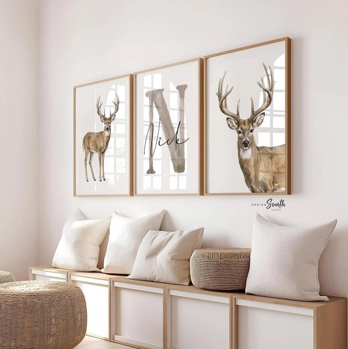 Whitetail Buck Deer Wall Art Set, Personalized Name & Initial Print, Hunting Nursery Decor, Boy Hunter Bedroom Gift
