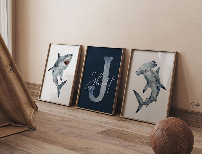 Personalized Shark Wall Art Set of 3, Navy Blue Great White & Hammerhead Shark Prints, Boy Nursery Decor, Shark Bedroom Gift, Kids Room Art