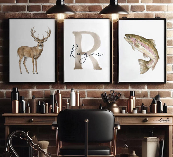 Whitetail Deer and Trout Wall Art Set of 3, Personalized Name and Initial, Hunting Fishing Nursery Decor, Boy Room Gift for Hunter
