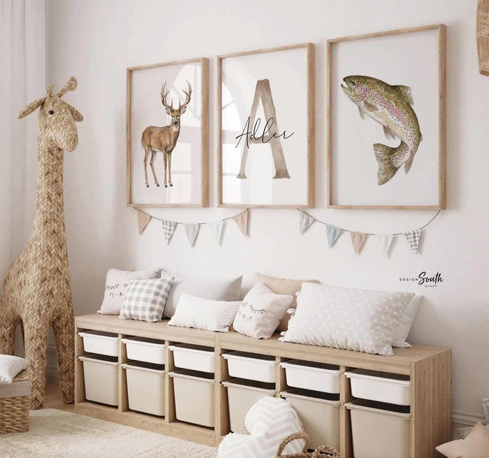 Whitetail Deer and Trout Wall Art Set of 3, Personalized Name and Initial, Hunting Fishing Nursery Decor, Boy Room Gift for Hunter