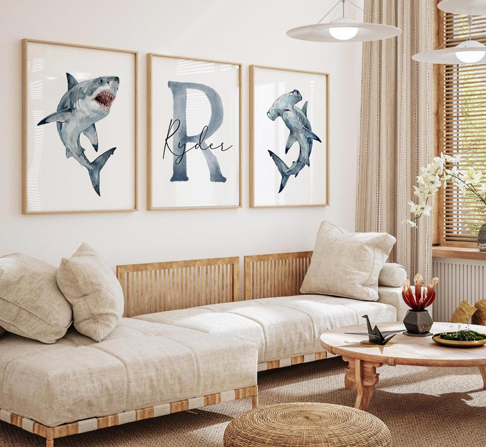 Navy Shark Wall Art Set of 3, Personalized Boy Name Prints, Great White and Hammerhead Nursery Decor, Ocean Bedroom Art