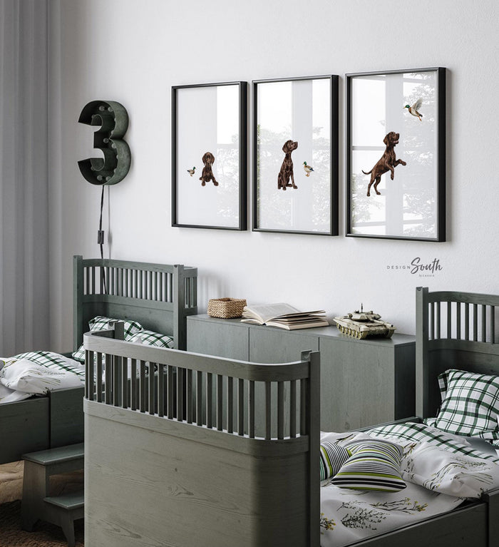 Chocolate Lab Nursery Wall Art — Labrador & Mallard Duck, Set of 3
