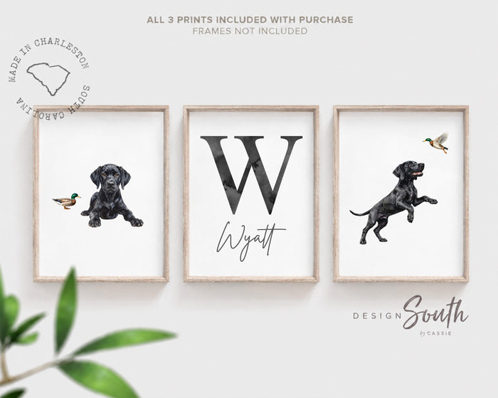 Black Labrador Retriever Nursery Wall Art Set of 3, Personalized Monogram Name Prints, Mallard Duck Bird Dog Decor, Hunting Nursery