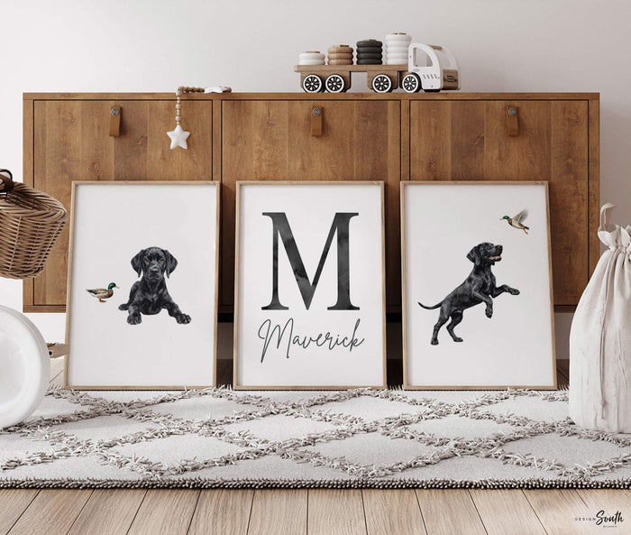 Black Labrador Retriever Nursery Wall Art Set of 3, Personalized Monogram Name Prints, Mallard Duck Bird Dog Decor, Hunting Nursery