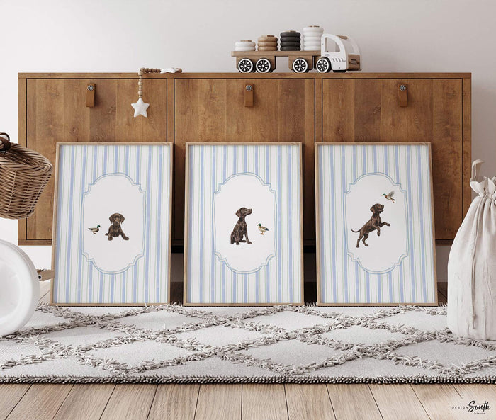 Chocolate Lab Puppy Wall Art Set of 3, Baby Blue Nursery Decor, Whimsical Striped Labrador Prints, Mallard Duck Hunting Boy Room Gift