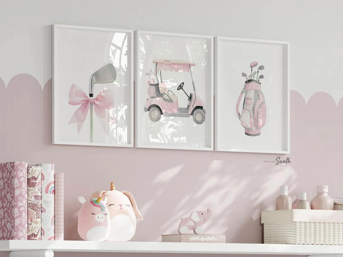 Baby Girl Golf Nursery Wall Art Set of 3, Pink & Gray Golf Nursery Decor, Personalized Toddler Girl Bedroom, Little Golfer Wall Prints