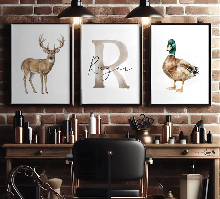 Whitetail Deer Nursery Wall Art Set of 3, Mallard Duck Hunting Nursery Decor, Personalized Baby Boy Name Prints, Buck Antler Art