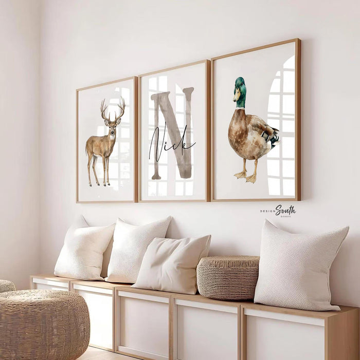Whitetail Deer Nursery Wall Art Set of 3, Mallard Duck Hunting Nursery Decor, Personalized Baby Boy Name Prints, Buck Antler Art