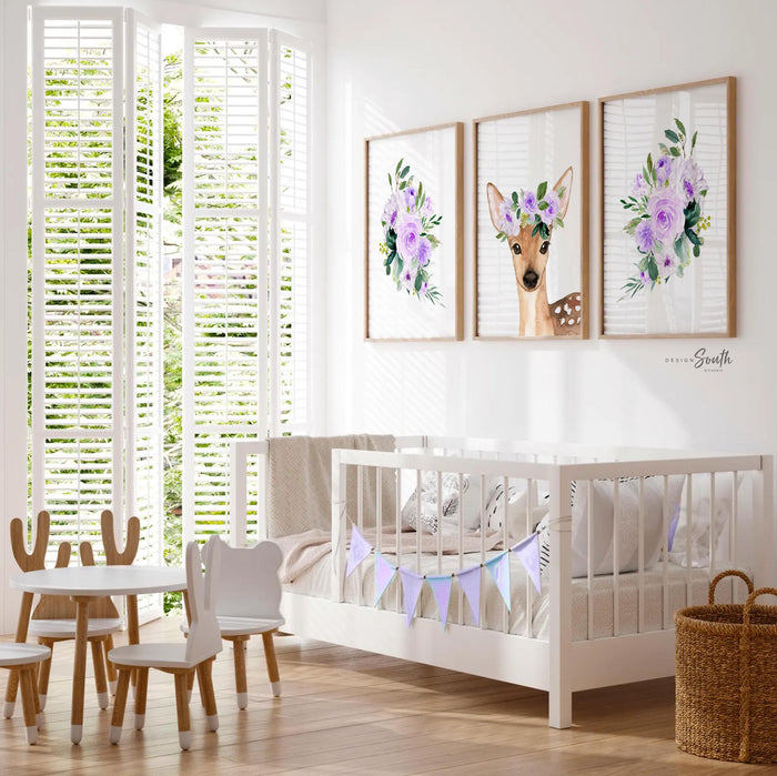 Lilac Fawn Nursery Art Prints: Baby Girl Woodland Decor