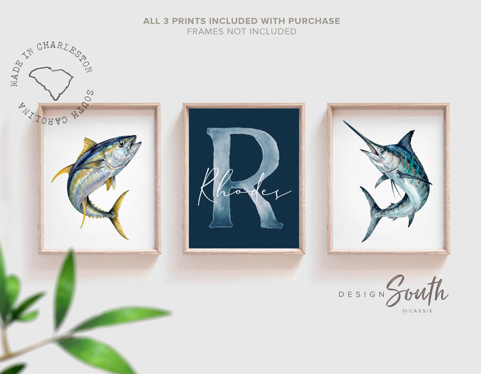 Blue Marlin & Yellowfin Tuna Nursery Wall Art Set of 3, Personalized Boy Fishing Prints, Navy Saltwater Fish Decor Offshore Sportfishing Art