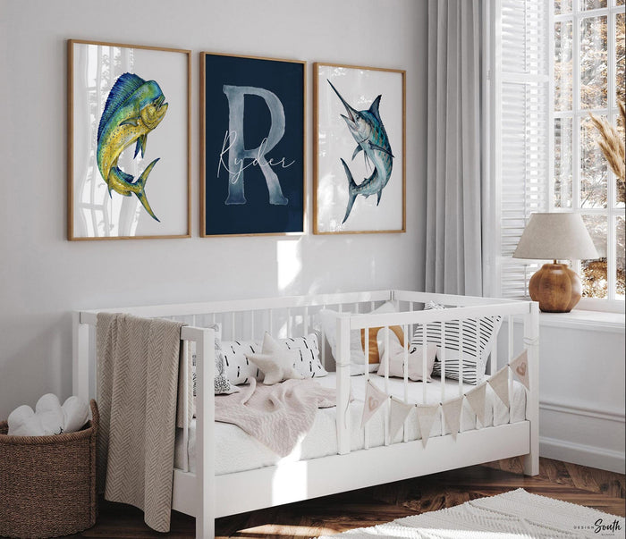 Blue Marlin & Yellowfin Tuna Nursery Wall Art Set of 3, Personalized Boy Fishing Prints, Navy Saltwater Fish Decor Offshore Sportfishing Art
