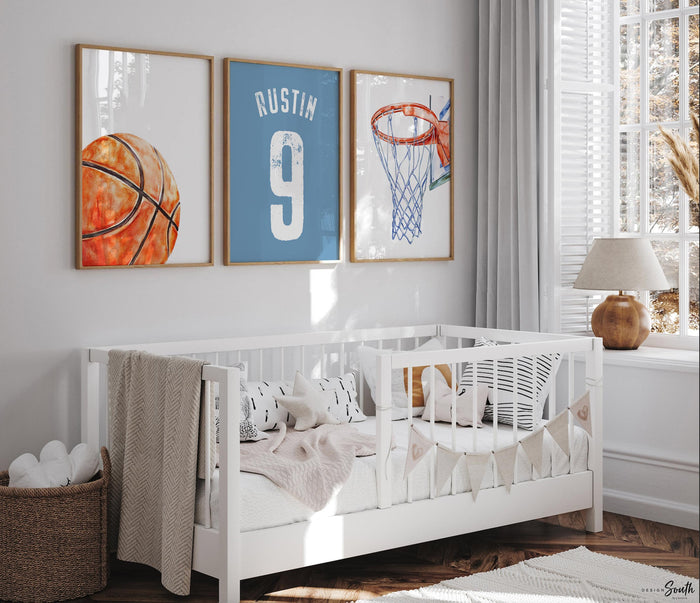 Basketball Wall Art Set of 3, Personalized Boys Basketball Nursery Decor, Blue Basketball Prints, Name Number Jersey, Little Baller Room Art