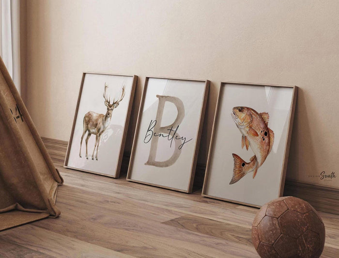 Redfish Wall Art Set of 3, Red Drum Fish Nursery Decor, Bull Red Fishing Prints, Personalized Boys Fishing Hunting Room, Buck Deer Art