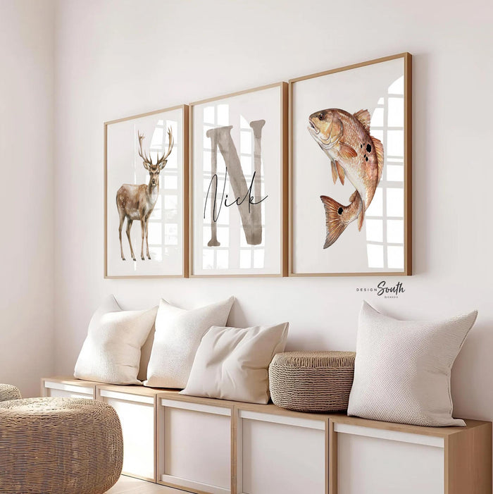 Redfish Wall Art Set of 3, Red Drum Fish Nursery Decor, Bull Red Fishing Prints, Personalized Boys Fishing Hunting Room, Buck Deer Art