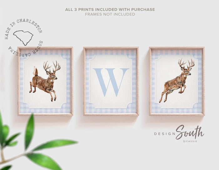 Whitetail Deer Nursery Wall Art Set of 3, Baby Boy Hunting Decor, Jumping Buck Prints, Blue Gingham, Personalized Initial Hunter Room Art