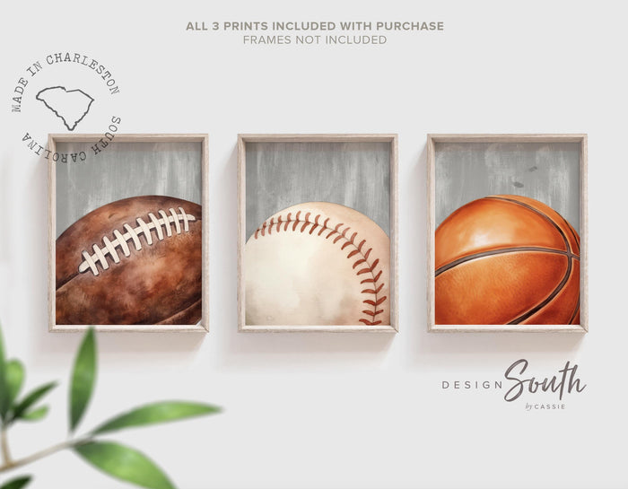 Neutral Sports Wall Art Set of 3, Boys Sports Nursery Decor, Basketball Football Baseball Prints, Distressed Gray Sports Bedroom Art