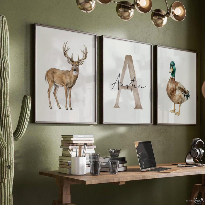 Whitetail Deer Nursery Wall Art Set of 3, Mallard Duck Hunting Nursery Decor, Personalized Baby Boy Name Prints, Buck Antler Art