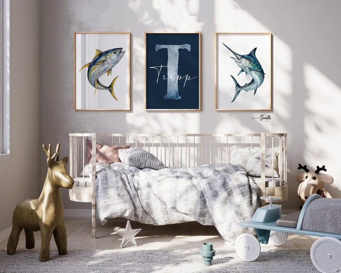 Blue Marlin & Yellowfin Tuna Nursery Wall Art Set of 3, Personalized Boy Fishing Prints, Navy Saltwater Fish Decor Offshore Sportfishing Art