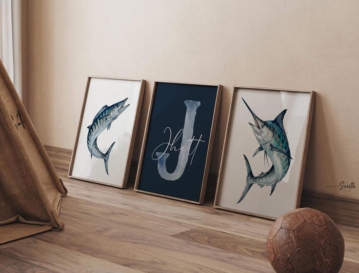 Blue Marlin & Wahoo Nursery Wall Art Set of 3, Personalized Boy Fishing Prints, Navy Saltwater Fish Decor Offshore Sportfishing Art