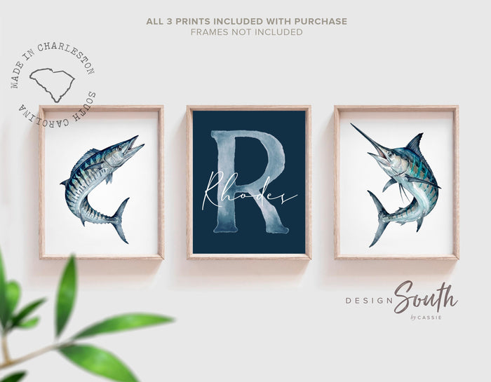 Blue Marlin & Wahoo Nursery Wall Art Set of 3, Personalized Boy Fishing Prints, Navy Saltwater Fish Decor Offshore Sportfishing Art