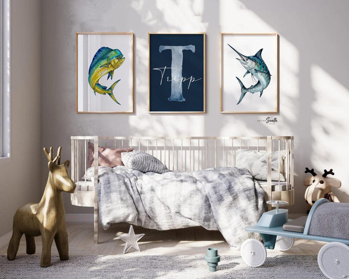 Blue Marlin & Yellowfin Tuna Nursery Wall Art Set of 3, Personalized Boy Fishing Prints, Navy Saltwater Fish Decor Offshore Sportfishing Art