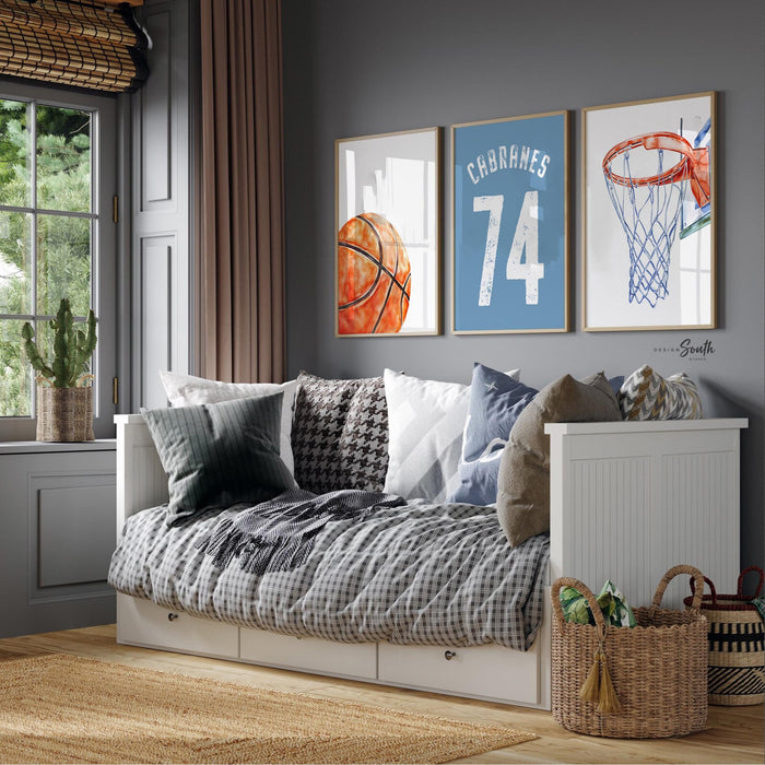 Basketball Wall Art Set of 3, Personalized Boys Basketball Nursery Decor, Blue Basketball Prints, Name Number Jersey, Little Baller Room Art