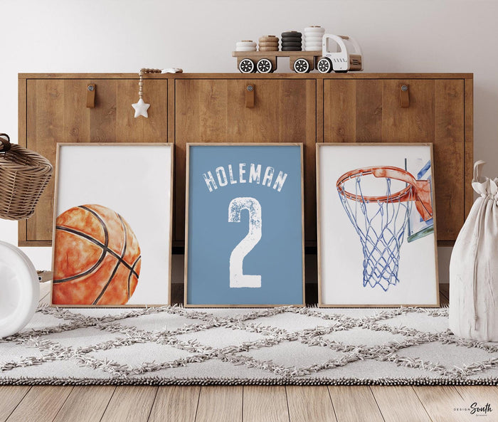 Basketball Wall Art Set of 3, Personalized Boys Basketball Nursery Decor, Blue Basketball Prints, Name Number Jersey, Little Baller Room Art