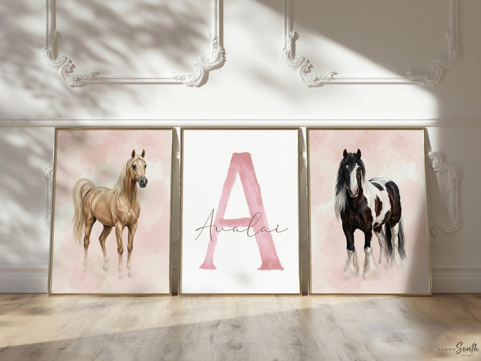 Personalized Horse Wall Art Set of 3, Girls Horse Nursery Decor, Palomino & Gypsy Vanner Prints, Pink Monogram Equestrian Room Art