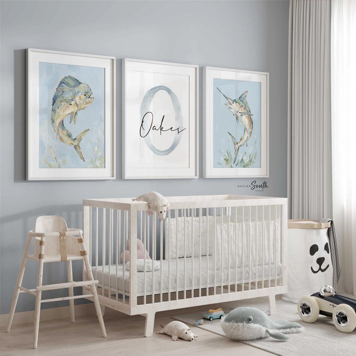 Marlin & Mahi Mahi Wall Art Set of 3, Personalized Boys Fishing Nursery Decor, Dorado Fish Prints, Monogram Name, Coastal Ocean Bedroom Art