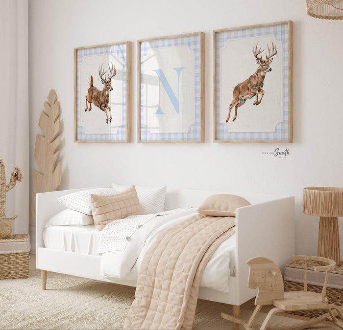 Whitetail Deer Nursery Wall Art Set of 3, Baby Boy Hunting Decor, Jumping Buck Prints, Blue Gingham, Personalized Initial Hunter Room Art