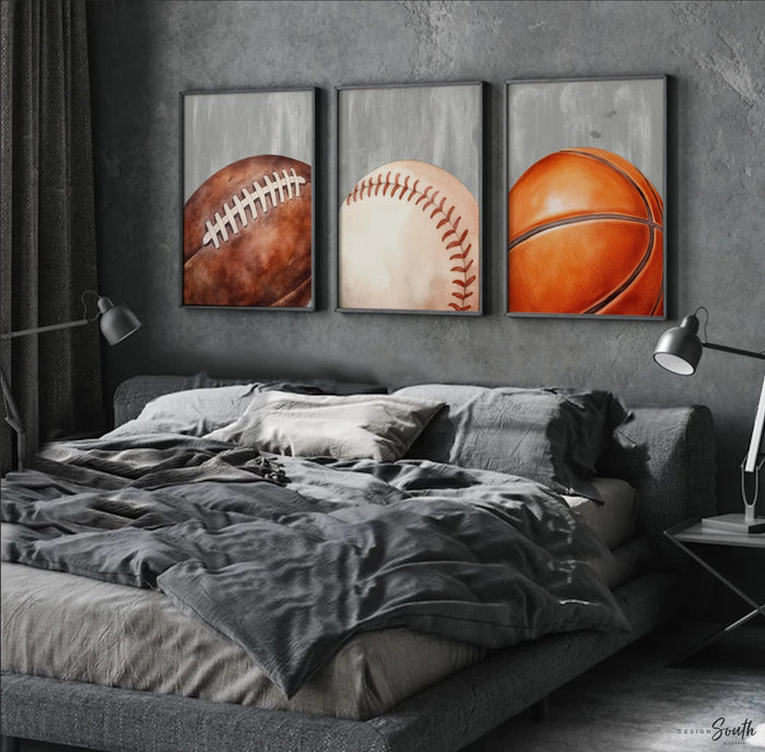 Neutral Sports Wall Art Set of 3, Boys Sports Nursery Decor, Basketball Football Baseball Prints, Distressed Gray Sports Bedroom Art