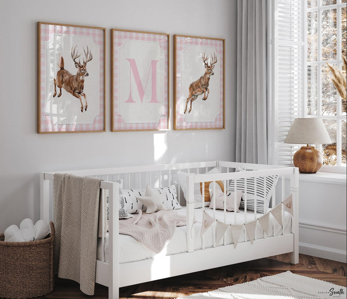 Whitetail Deer Nursery Wall Art Set, Baby Girl Hunting Decor, Jumping Buck Prints, Pink Gingham, Personalized Initial Deer Hunter Room Art