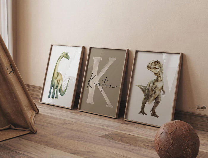 Personalized Dinosaur Nursery Wall Art Set of 3, Boys Watercolor Brachiosaurus T-Rex Prints, Custom Name Initial Prehistoric Baby Room Decor