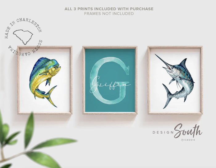 Personalized Marlin & Mahi Mahi Wall Art Set, Teal Blue Fish Prints