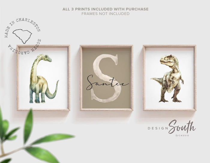 Personalized Dinosaur Nursery Wall Art Set of 3, Boys Watercolor Brachiosaurus T-Rex Prints, Custom Name Initial Prehistoric Baby Room Decor