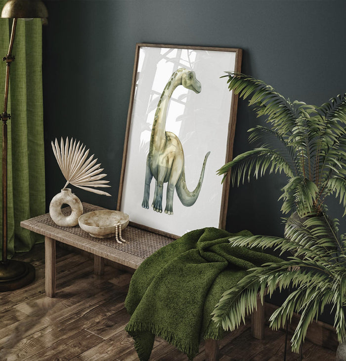 Personalized Green Dinosaur Nursery Wall Art Set of 3, Watercolor Brachiosaurus T-Rex Prints, Dino Boys Bedroom Decor, Custom Name Art