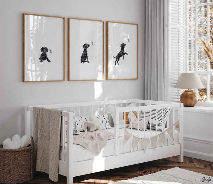 Black Lab Nursery Wall Art Set of 3, Labrador Puppy Purple Butterfly Prints, Girls Bedroom Playroom Decor, Black Lab Lover Baby Shower Gift