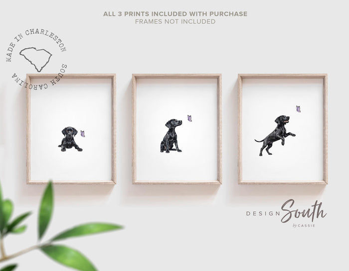 Black Lab Nursery Wall Art Set of 3, Labrador Puppy Purple Butterfly Prints, Girls Bedroom Playroom Decor, Black Lab Lover Baby Shower Gift