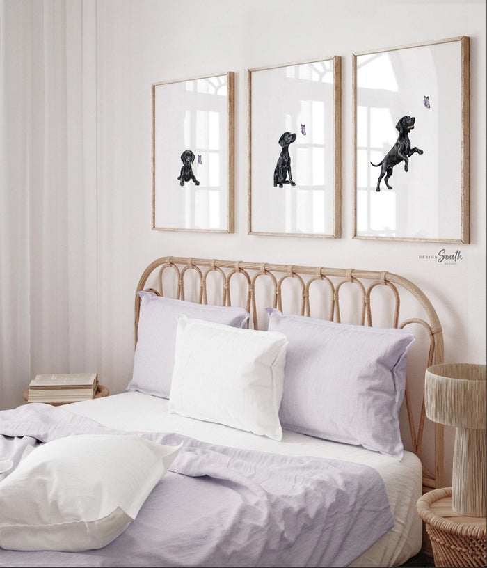 Black Lab Nursery Wall Art Set of 3, Labrador Puppy Purple Butterfly Prints, Girls Bedroom Playroom Decor, Black Lab Lover Baby Shower Gift
