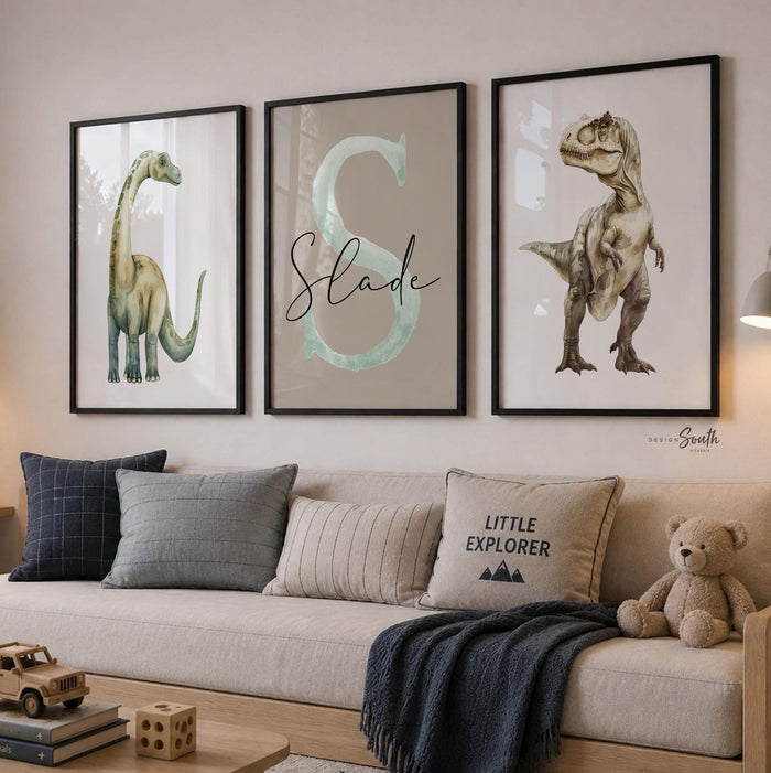 Personalized Dinosaur Nursery Wall Art Set of 3, Watercolor T-Rex & Brachiosaurus Prints, Neutral Baby Boy Nursery Decor
