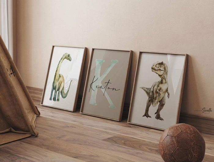 Personalized Dinosaur Nursery Wall Art Set of 3, Watercolor T-Rex & Brachiosaurus Prints, Neutral Baby Boy Nursery Decor