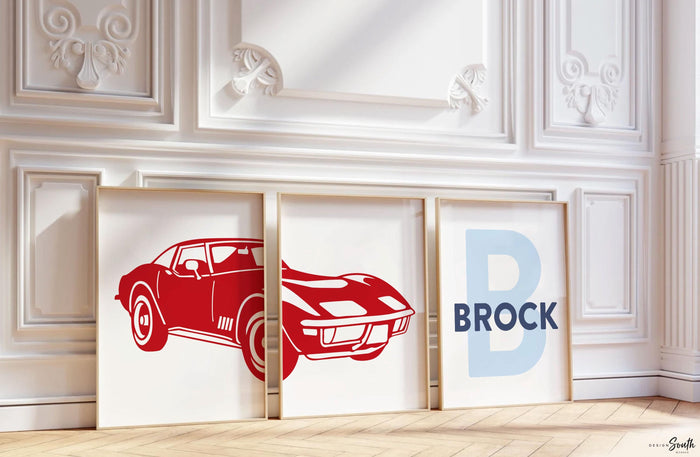 Personalized 1963 Corvette Wall Art Print Set, Vintage Classic Car Nursery Decor, Boys Bedroom Art, Muscle Car Prints, Corvette Lover Gift