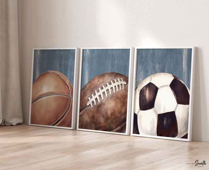 Vintage Blue Sports Wall Art Set of 3, Basketball Soccer Football Prints, Distressed Industrial Sports Decor, Boys Bedroom Playroom Art