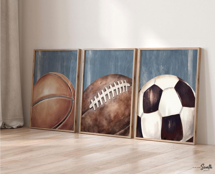 Vintage Blue Sports Wall Art Set of 3, Basketball Soccer Football Prints, Distressed Industrial Sports Decor, Boys Bedroom Playroom Art
