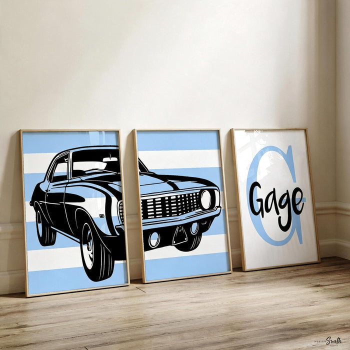 Blue 1969 Chevy Camaro SS350 Print: Vintage Car Nursery Decor