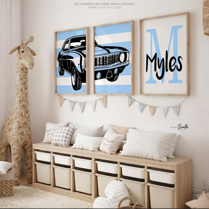 Blue 1969 Chevy Camaro SS350 Print: Vintage Car Nursery Decor